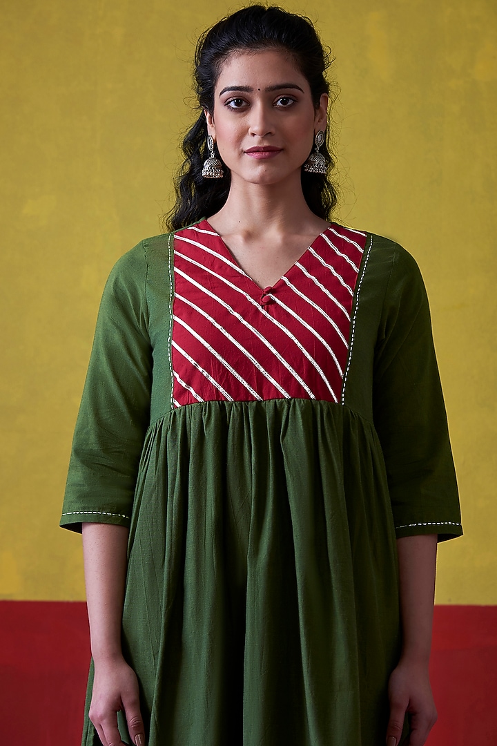 Emerald Green & Maroon Hand Embroidered A-Line Kurta Set by Lokatita at Pernia's Pop Up Shop