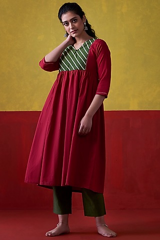 Maroon & Emerald Green Hand Embroidered A-Line Kurta Set by Lokatita
