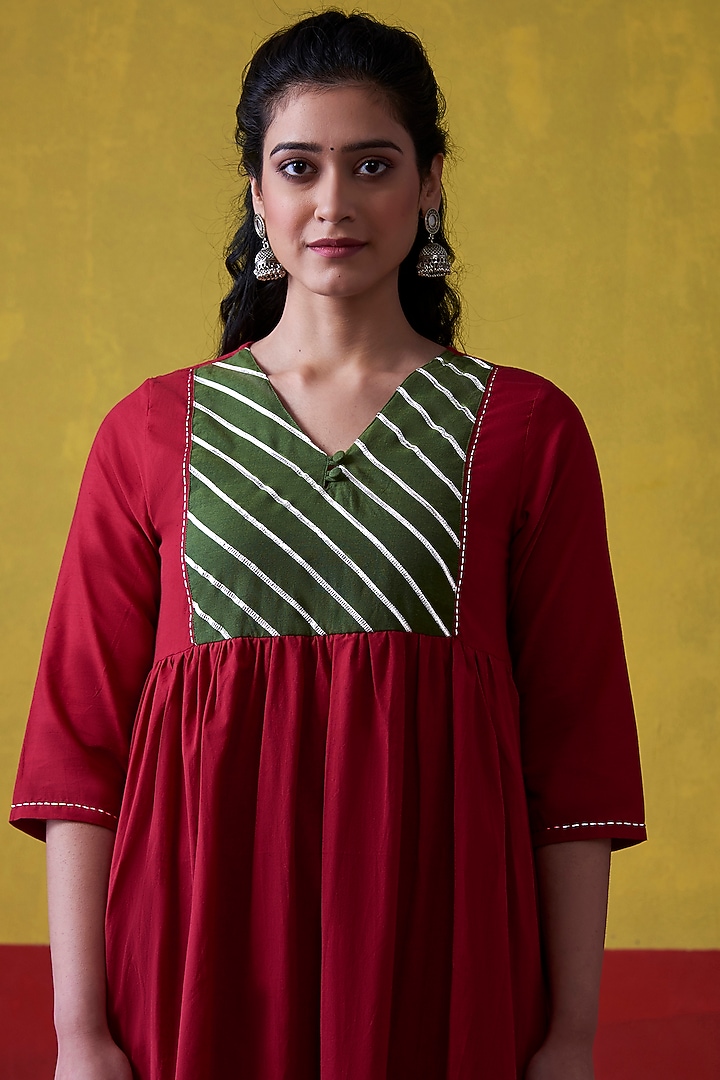 Maroon & Emerald Green Hand Embroidered A-Line Kurta Set by Lokatita at Pernia's Pop Up Shop