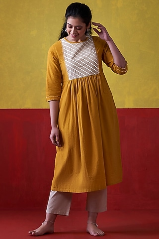 Mustard & Beige Hand Embroidered A-Line Kurta by Lokatita