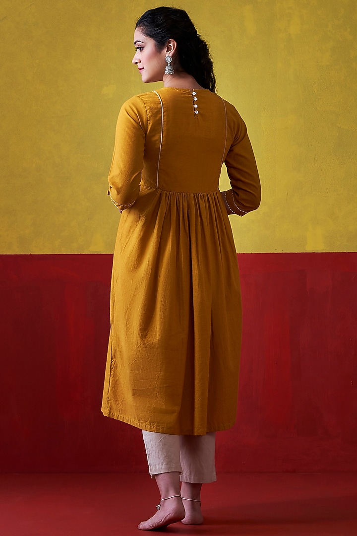Mustard & Beige Hand Embroidered A-Line Kurta by Lokatita at Pernia's Pop Up Shop