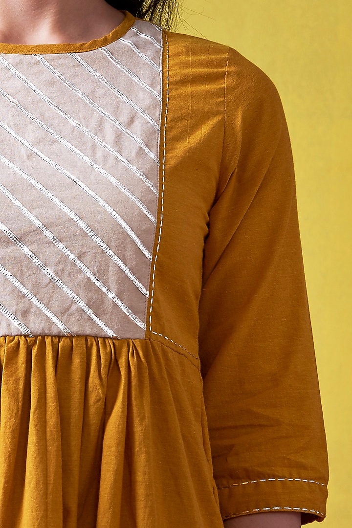 Mustard & Beige Hand Embroidered A-Line Kurta by Lokatita at Pernia's Pop Up Shop