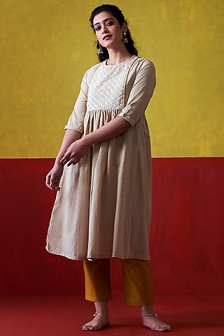 Beige Hand Embroidered A-Line Kurta by Lokatita
