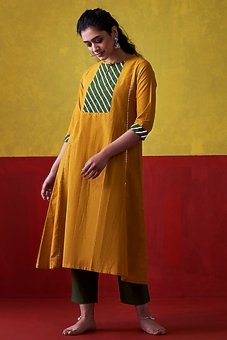 Mustard & Emerald Green Embroidered A-Line Kurta by Lokatita