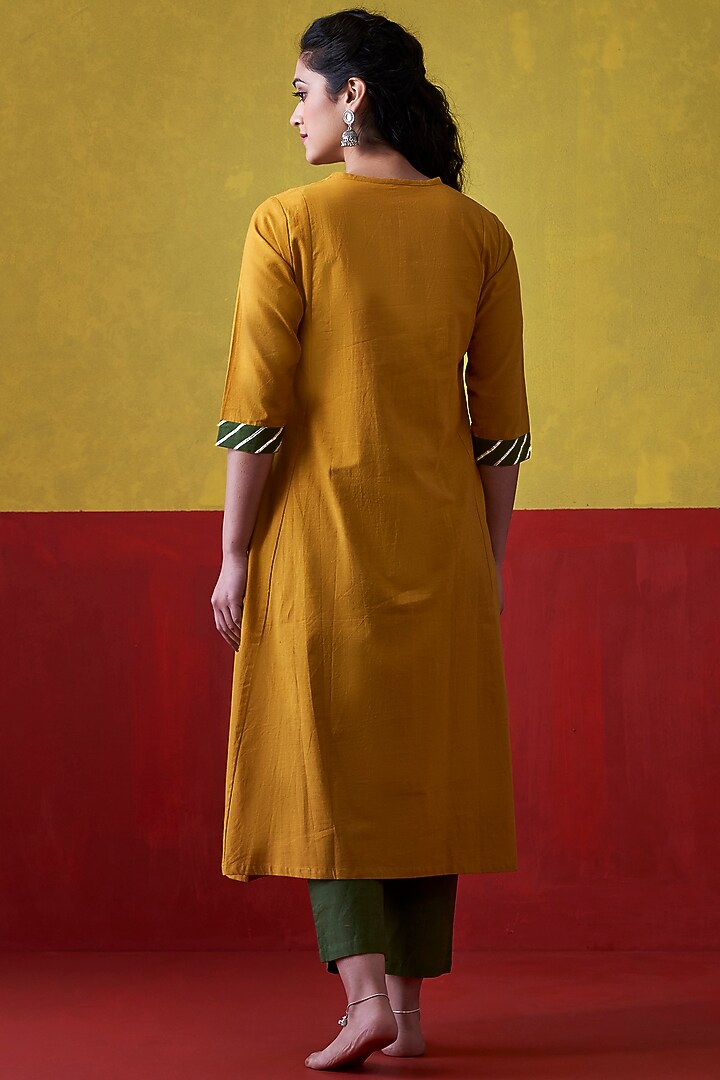 Mustard & Emerald Green Embroidered A-Line Kurta by Lokatita at Pernia's Pop Up Shop