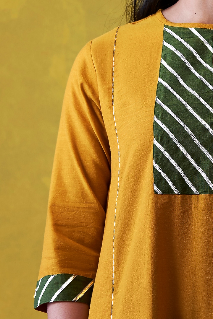 Mustard & Emerald Green Embroidered A-Line Kurta by Lokatita at Pernia's Pop Up Shop