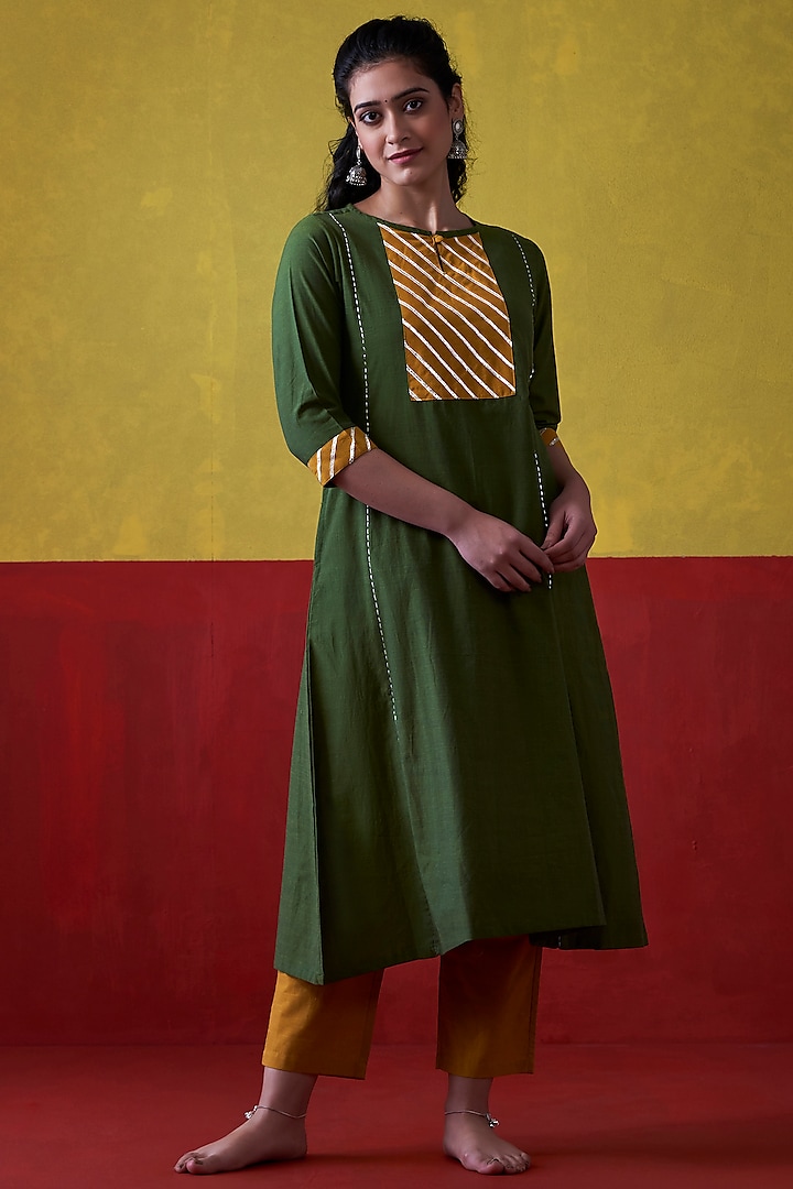 Emerald Green & Mustard Embroidered A-Line Kurta by Lokatita
