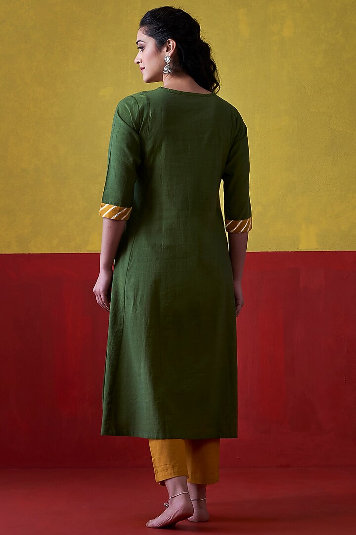 Emerald Green & Mustard Embroidered A-Line Kurta by Lokatita at Pernia's Pop Up Shop