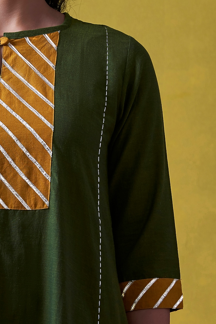 Emerald Green & Mustard Embroidered A-Line Kurta by Lokatita at Pernia's Pop Up Shop