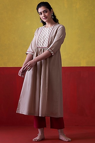 Beige Embroidered A-Line Kurta by Lokatita