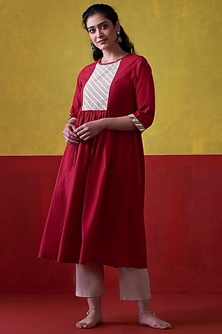 Red & Beige Hand Embroidered A-Line Kurta by Lokatita