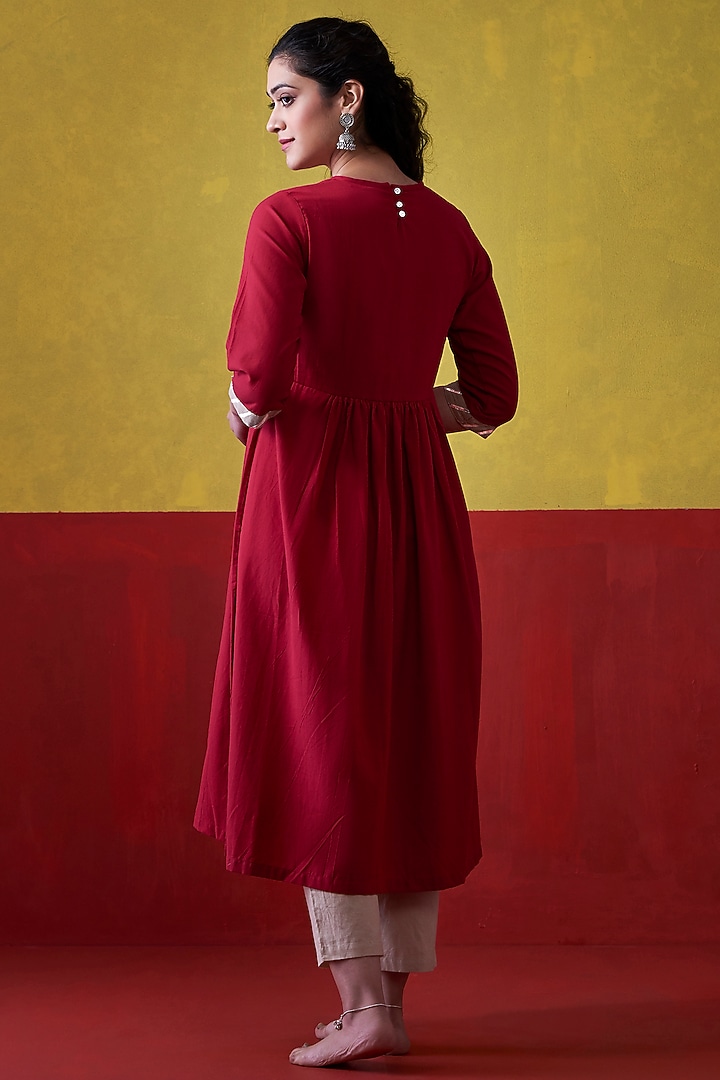 Red & Beige Hand Embroidered A-Line Kurta by Lokatita at Pernia's Pop Up Shop