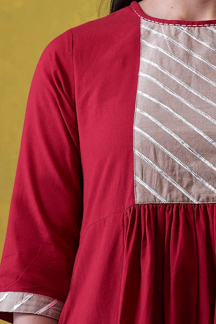 Red & Beige Hand Embroidered A-Line Kurta by Lokatita at Pernia's Pop Up Shop