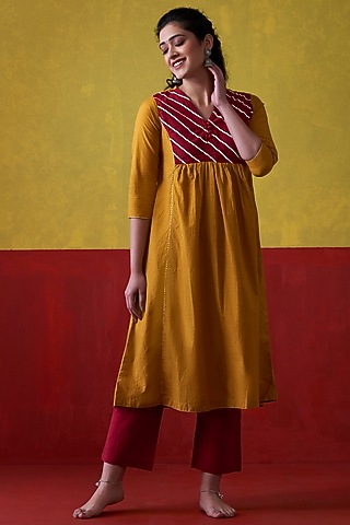 Mustard & Red Hand Embroidered A-Line Kurta by Lokatita