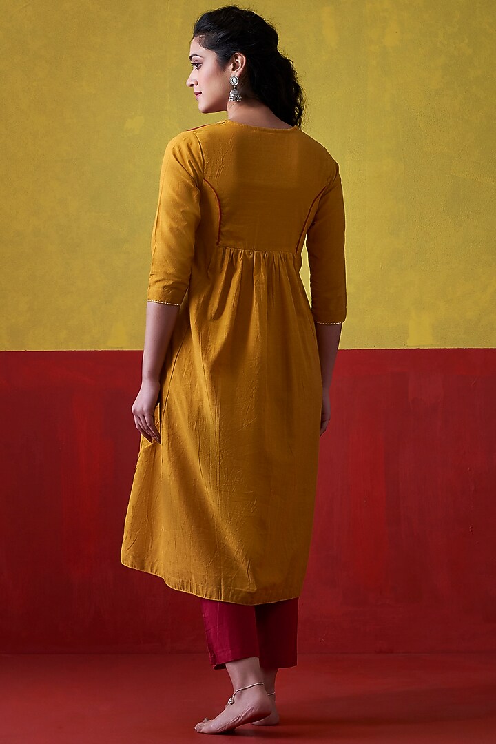 Mustard & Red Hand Embroidered A-Line Kurta by Lokatita at Pernia's Pop Up Shop