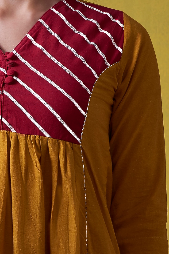 Mustard & Red Hand Embroidered A-Line Kurta by Lokatita at Pernia's Pop Up Shop
