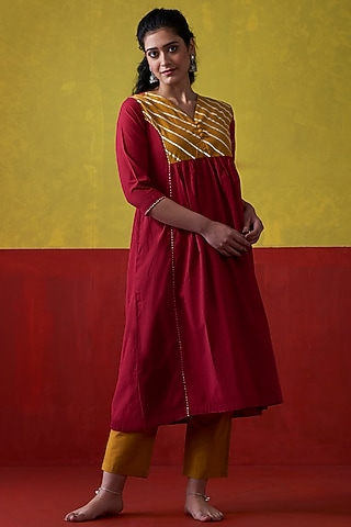 Red & Mustard Hand Embroidered A-Line Kurta by Lokatita