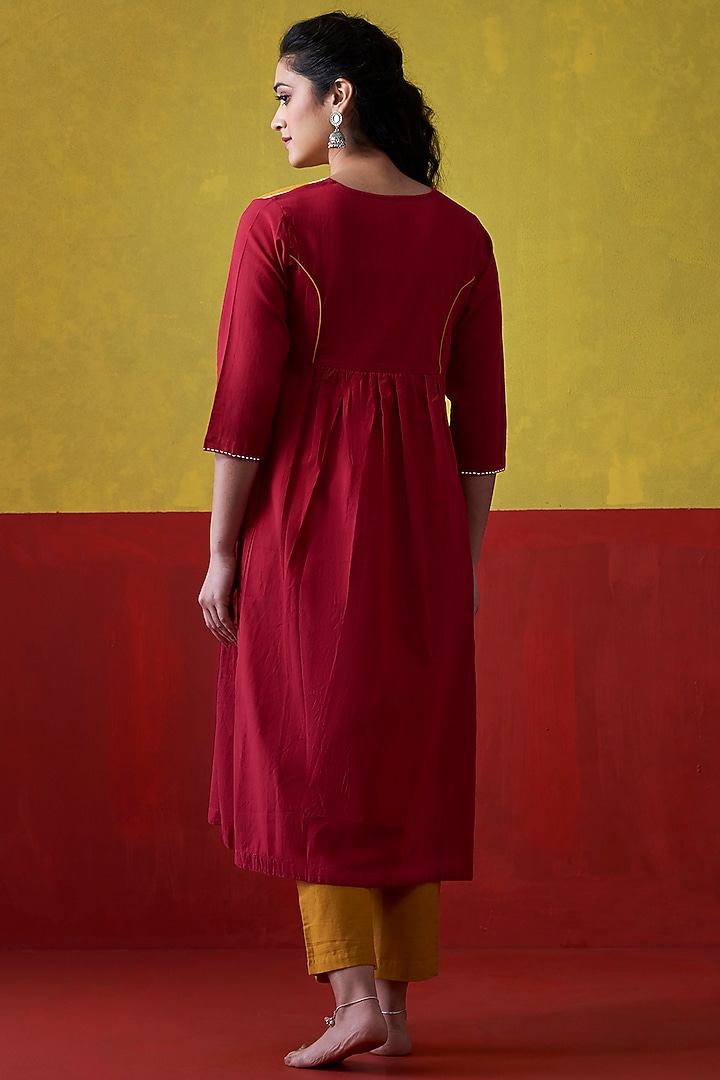 Red & Mustard Hand Embroidered A-Line Kurta by Lokatita at Pernia's Pop Up Shop