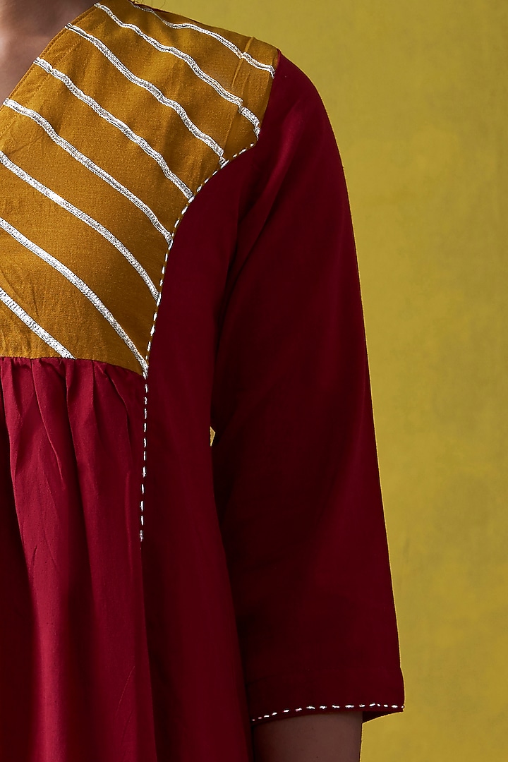 Red & Mustard Hand Embroidered A-Line Kurta by Lokatita at Pernia's Pop Up Shop