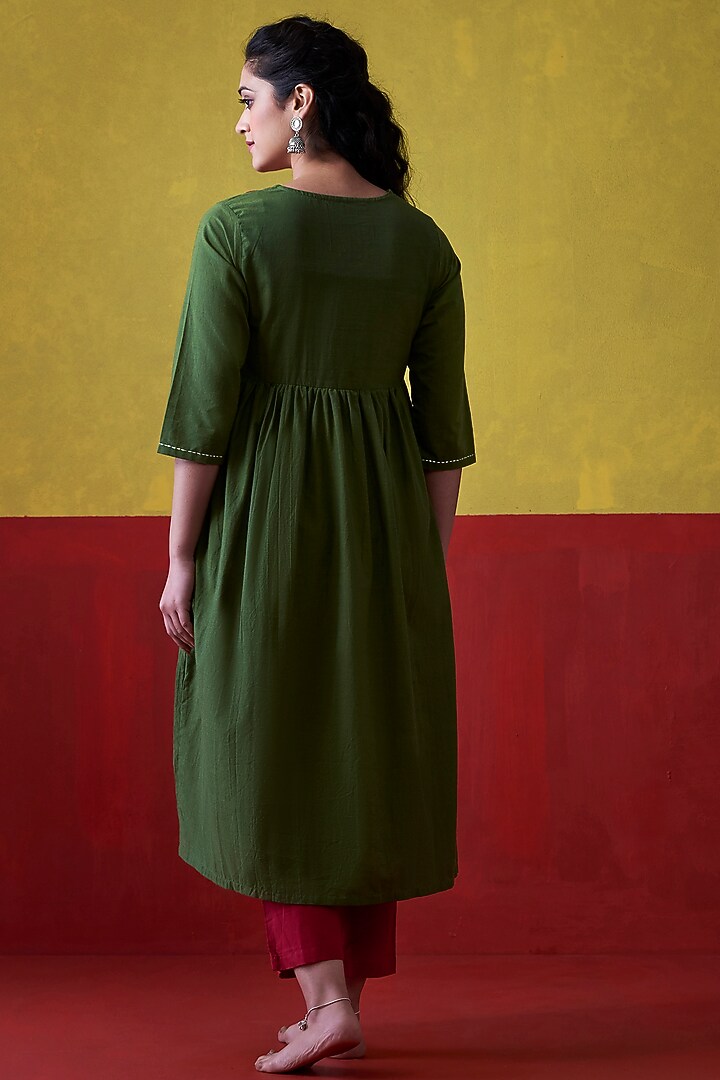 Emerald Green & Red Hand Embroidered A-Line Kurta by Lokatita at Pernia's Pop Up Shop