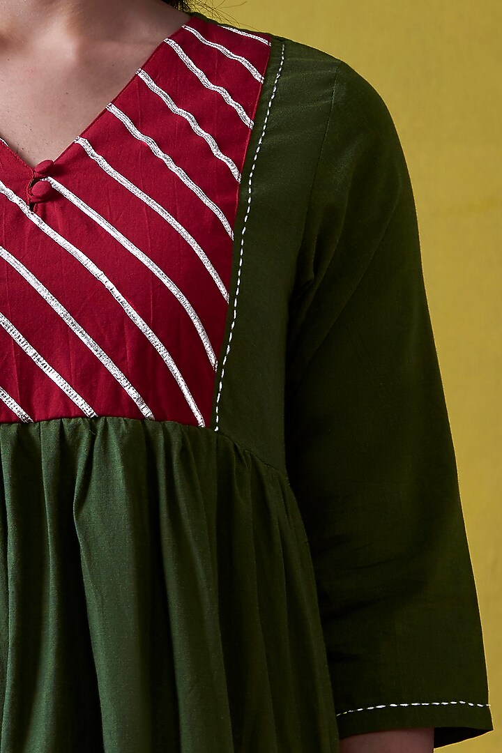 Emerald Green & Red Hand Embroidered A-Line Kurta by Lokatita at Pernia's Pop Up Shop