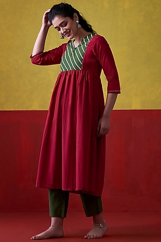 Red & Emerald Green Hand Embroidered A-Line Kurta by Lokatita