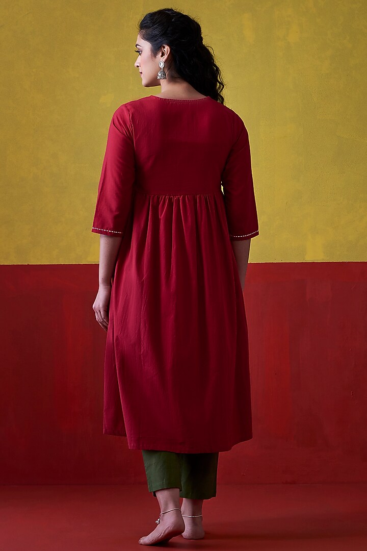 Red & Emerald Green Hand Embroidered A-Line Kurta by Lokatita at Pernia's Pop Up Shop