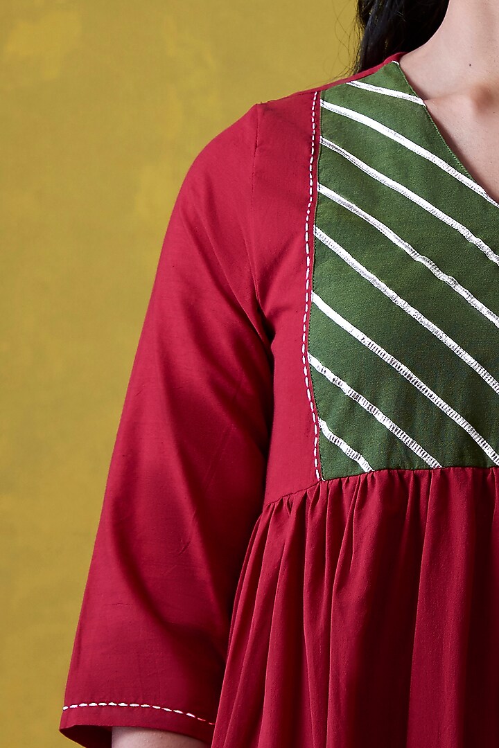 Red & Emerald Green Hand Embroidered A-Line Kurta by Lokatita at Pernia's Pop Up Shop