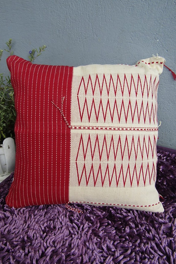 Red & White Cotton Handwoven Cushion Covers (Set of 2) by Lovitoli