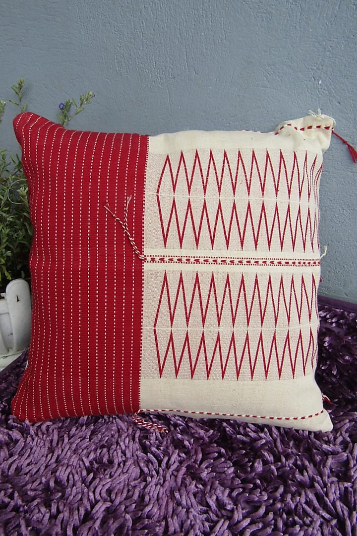 Red & White Cotton Handwoven Cushion Covers (Set of 2) by Lovitoli at Pernia's Pop Up Shop