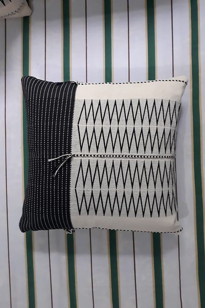 Black & White Cotton Handwoven Cushion Covers (Set of 2) by Lovitoli