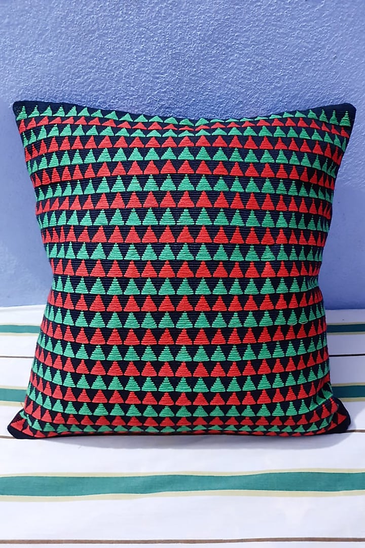 Black & Green Cotton Handwoven Cushion Covers (Set of 2) by Lovitoli