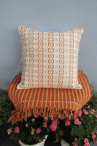 Orange & White Cotton Handwoven Cushion Covers (Set of 2) by Lovitoli