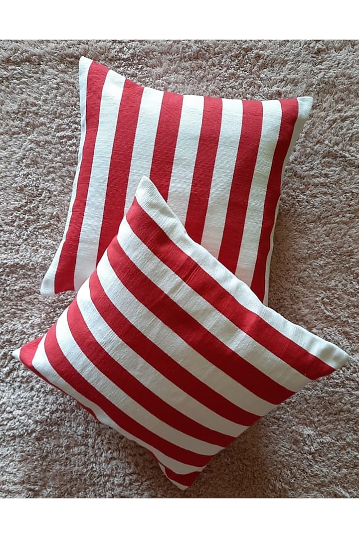 Red & White Cotton Handwoven Cushion Covers (Set of 2) by Lovitoli