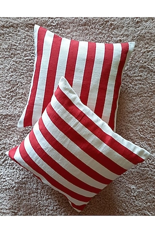 Red & White Cotton Handwoven Cushion Covers (Set of 2) by Lovitoli