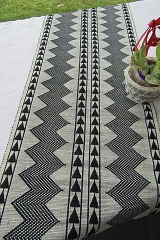 White & Black Cotton Handwoven Nisa Table Runner by Lovitoli