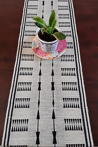 Black & White Cotton Handwoven Table Runner by Lovitoli