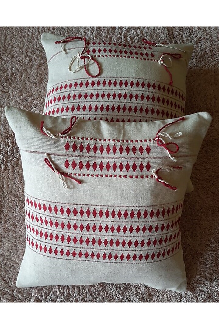 White & Red Cotton Handwoven Kashe Cushion Covers (Set of 2) by Lovitoli