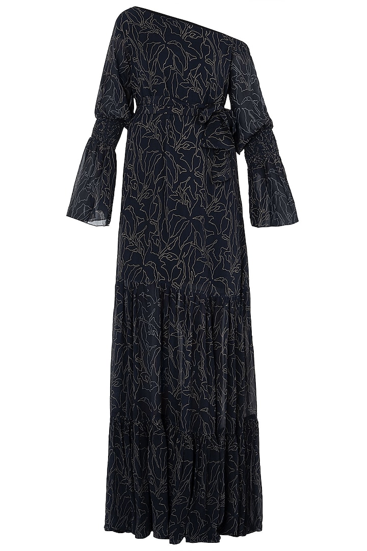 Black traced lace printed one shoulder maxi dress available only at Pernia's Pop Up Shop.