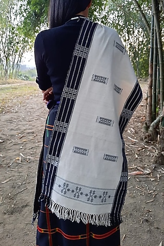 White & Black Cotton Handwoven Stole by Lovitoli
