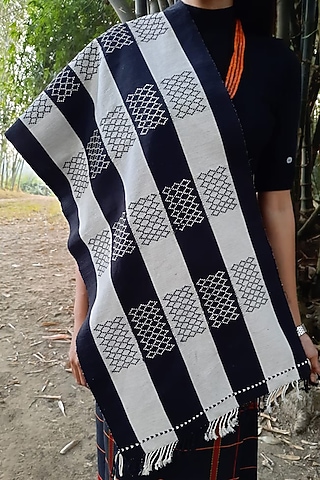 Black & White Cotton Handwoven Stole by Lovitoli