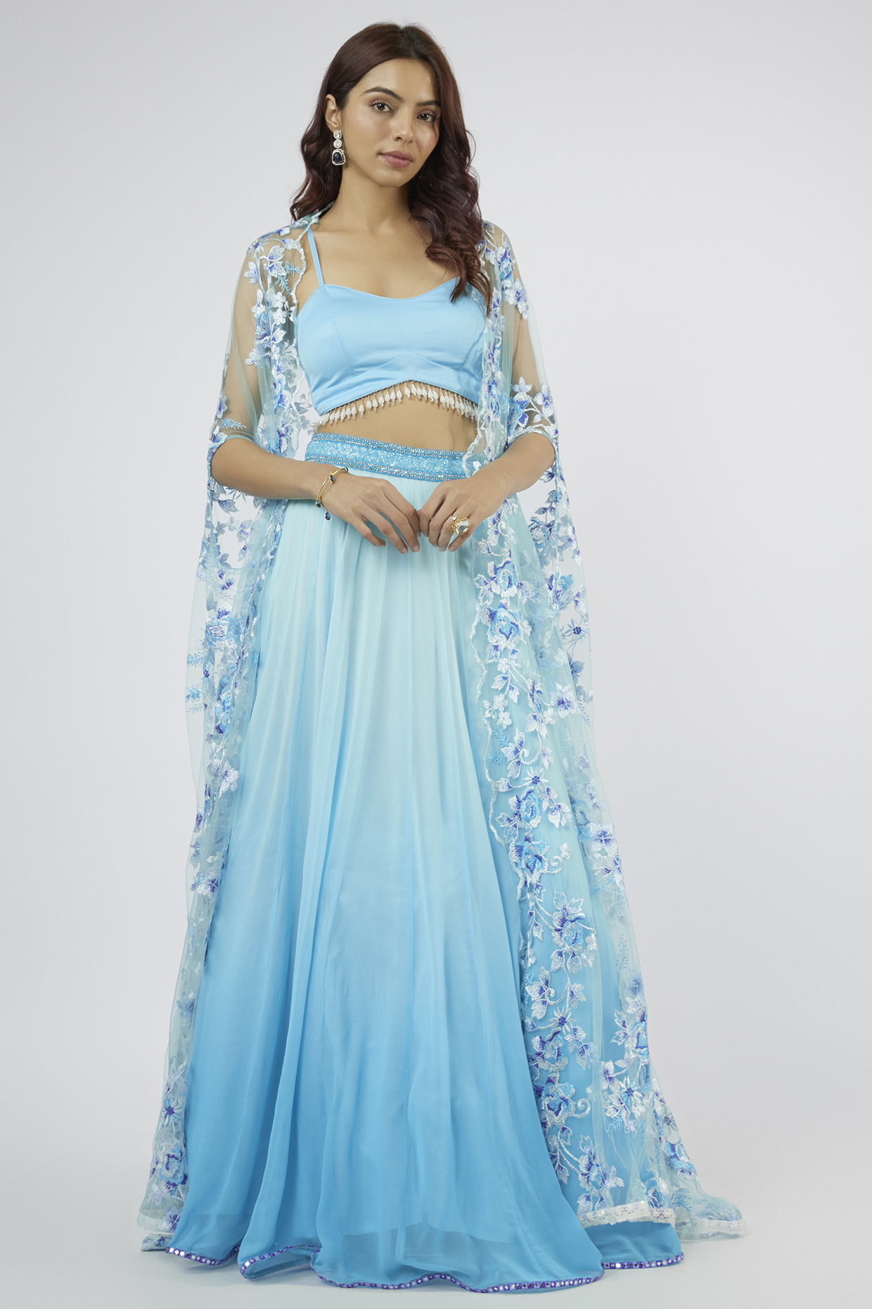 Ice Blue Georgette Hand Embroidered Jacket Wedding Lehenga Set by LABEL PRIYANKA KAR at Pernia's Pop Up Shop