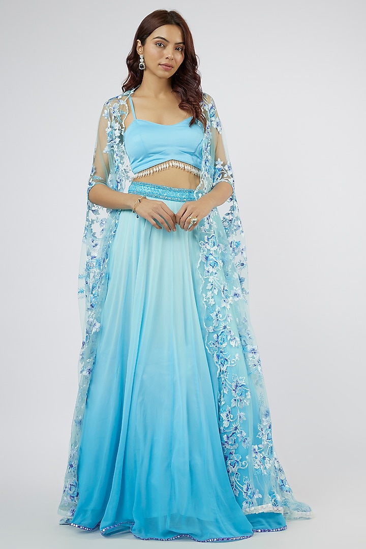 Ice Blue Georgette Hand Embroidered Jacket Wedding Lehenga Set by LABEL PRIYANKA KAR at Pernia's Pop Up Shop