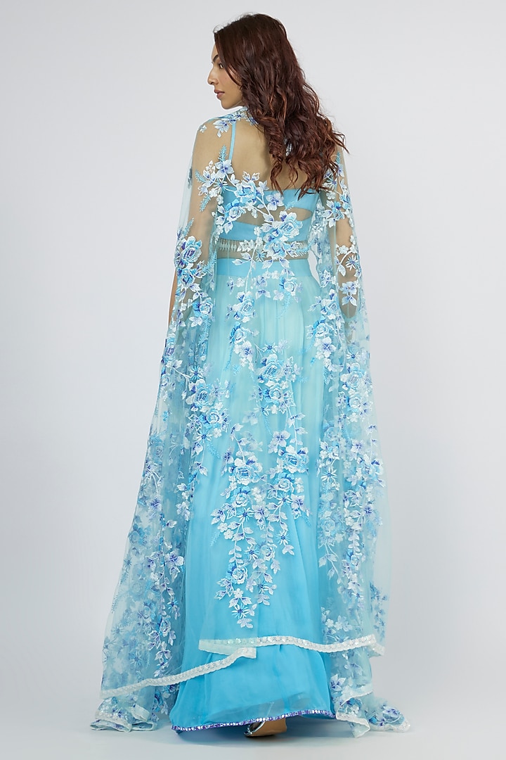 Ice Blue Georgette Hand Embroidered Jacket Wedding Lehenga Set by LABEL PRIYANKA KAR at Pernia's Pop Up Shop