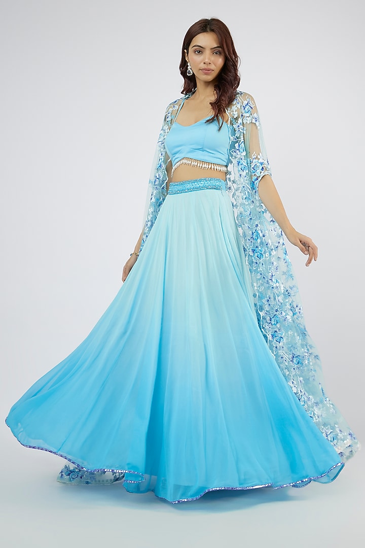 Ice Blue Georgette Hand Embroidered Jacket Wedding Lehenga Set by LABEL PRIYANKA KAR at Pernia's Pop Up Shop