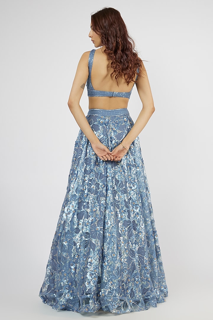 Carbon Blue Georgette Hand Embroidered Wedding Lehenga Set by LABEL PRIYANKA KAR at Pernia's Pop Up Shop