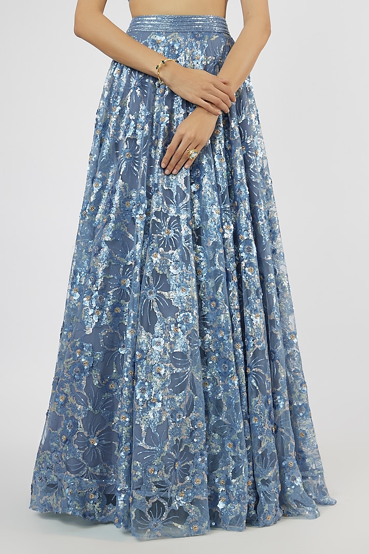 Carbon Blue Georgette Hand Embroidered Wedding Lehenga Set by LABEL PRIYANKA KAR at Pernia's Pop Up Shop