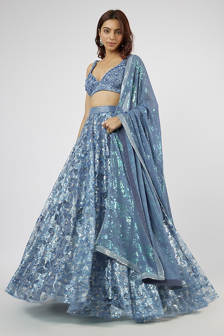 Carbon Blue Georgette Hand Embroidered Wedding Lehenga Set by LABEL PRIYANKA KAR at Pernia's Pop Up Shop