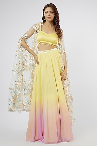 Yellow & Pink Georgette Hand Embroidered Jacket Lehenga Set by LABEL PRIYANKA KAR