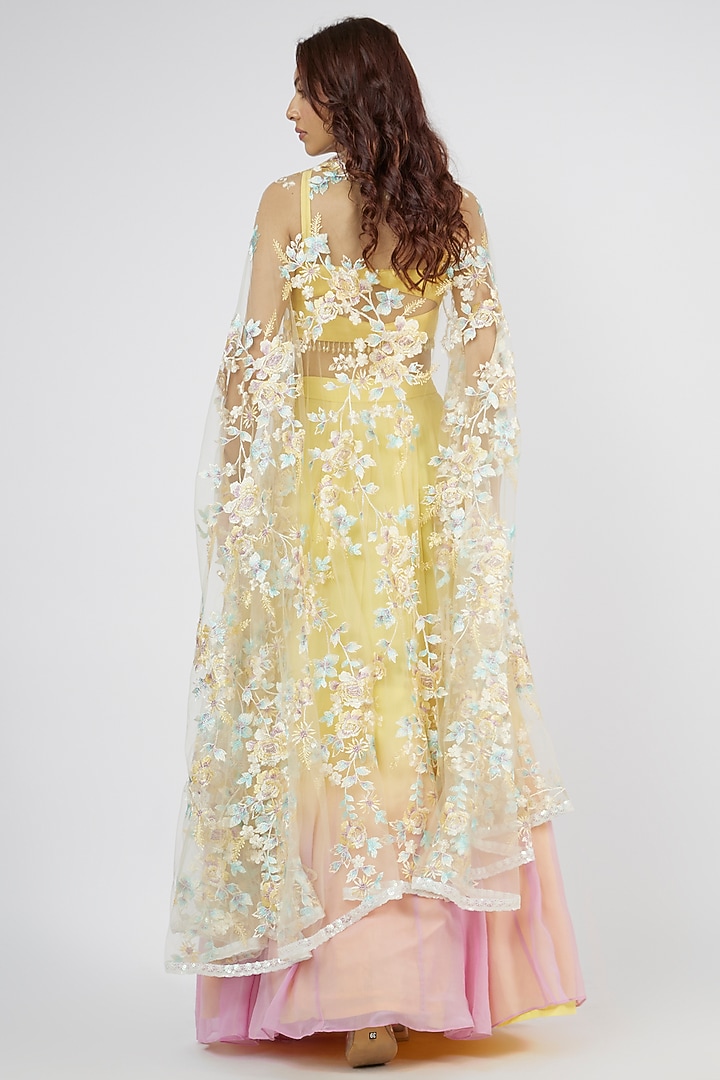 Yellow & Pink Georgette Hand Embroidered Jacket Wedding Lehenga Set by LABEL PRIYANKA KAR at Pernia's Pop Up Shop